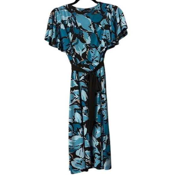 Apt 9 Turquoise Brown Midi Dress PS Floral Print Flutter Sleeve Stretch Artsy - Picture 2 of 16